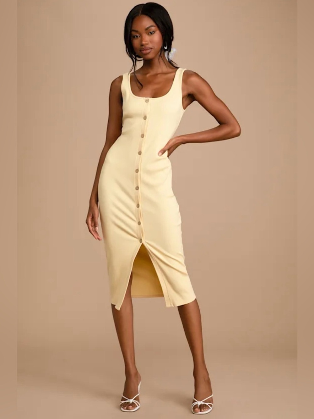 Lulu’s NWT Look of Leisure Light Yellow Ribbed Button-Front Midi Dress